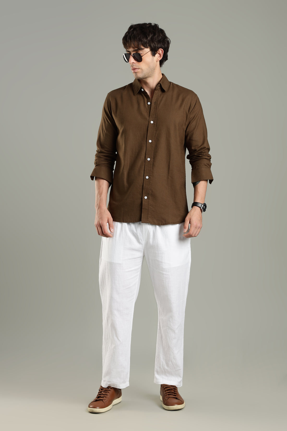 Prime Linen Top & Bottom Set Brown & White