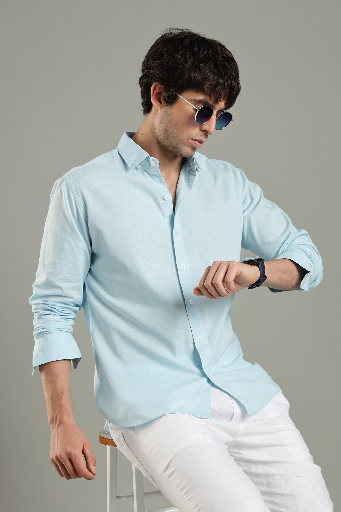 Prime Linen Top & Bottom Set Sky & White