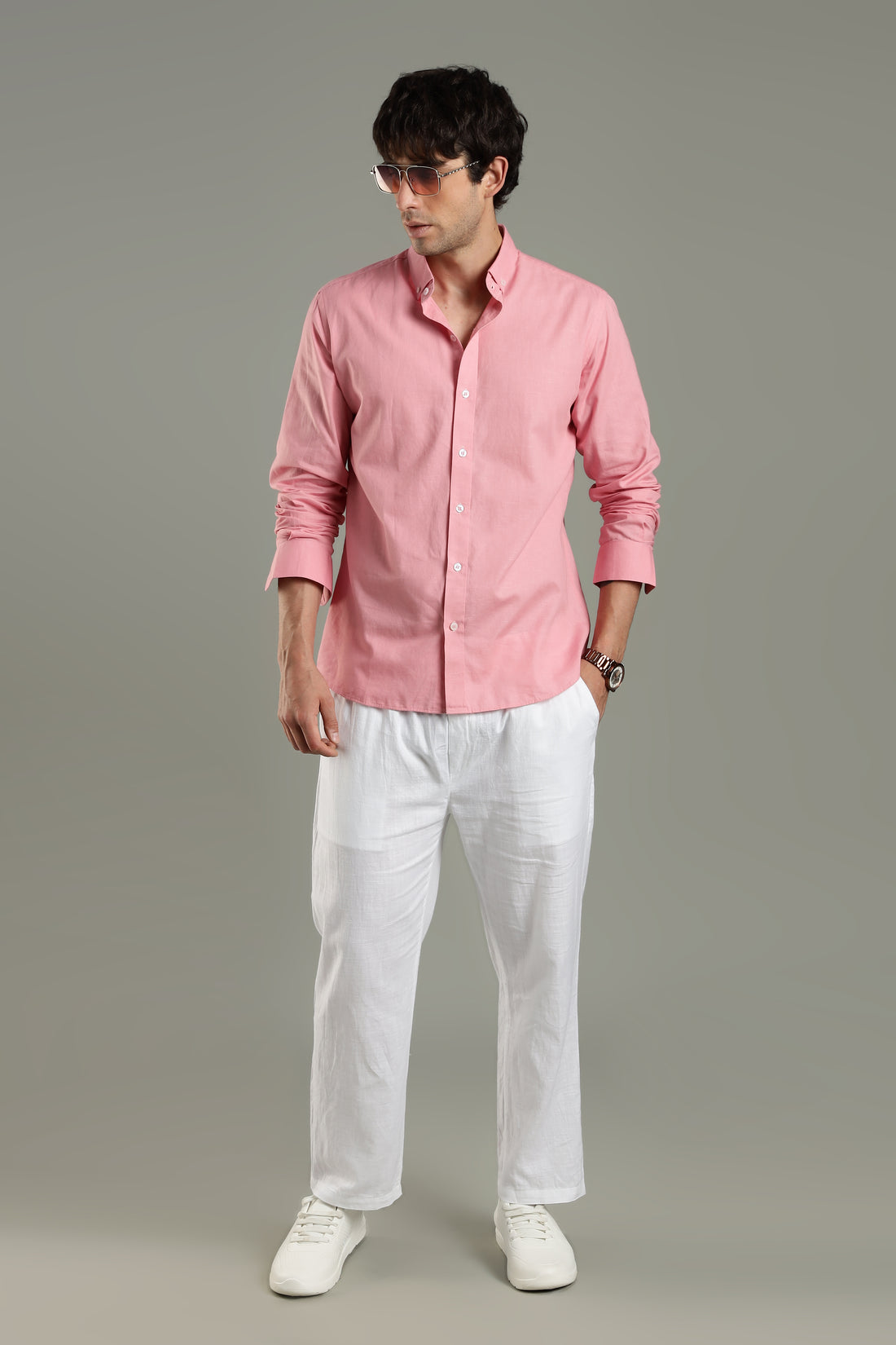 Prime Linen Top & Bottom Set Pink & White