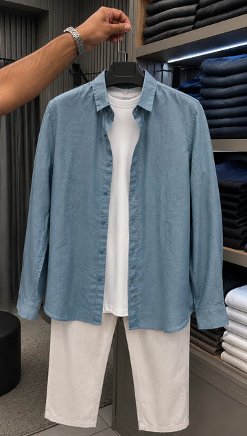 Signature Linen Top & Bottom Set - Jade & White
