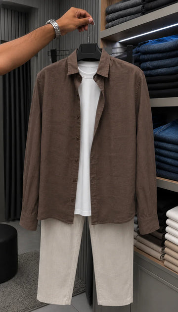 Signature Linen Top & Bottom Set - Brown & White