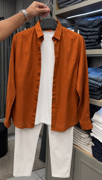 Signature Linen Top & Bottom Set - Camel & White