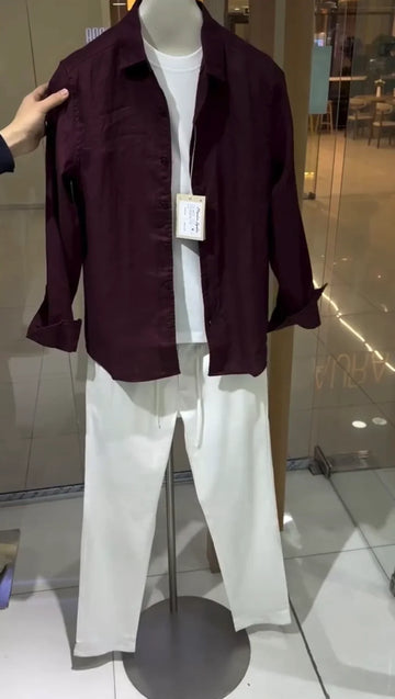 Signature Linen Top & Bottom Set - Wine & White